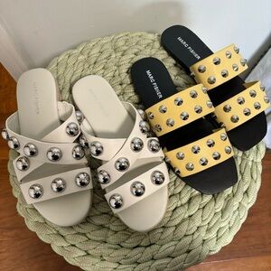 NWOB Marc Fisher 2 Pairs Double Strap Vegan Leather Slip On Studded Flat Sandals
